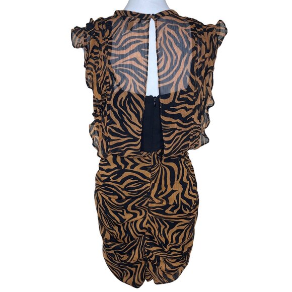 Express Tiger Zebra Animal Print Chiffon Ruffle Cut Out Back Mini Dress Sz M - Picture 4 of 15